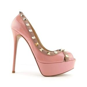 VALENTINO Rockstud Pink Patent Leather Platform Peep Toe Heel Pumps 39